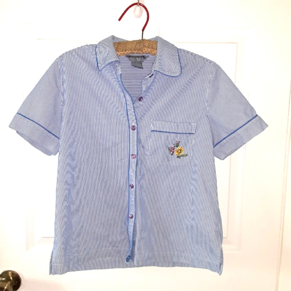 Striped button down embroidered blouse